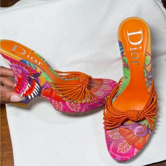 Dior Shoes - Vintage Dior Floral mule wedges Sandals size 38 1/2